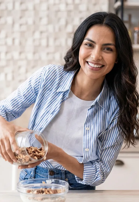 Valeria sonriendo y sosteniendo una bebida natural para el cuidado personal